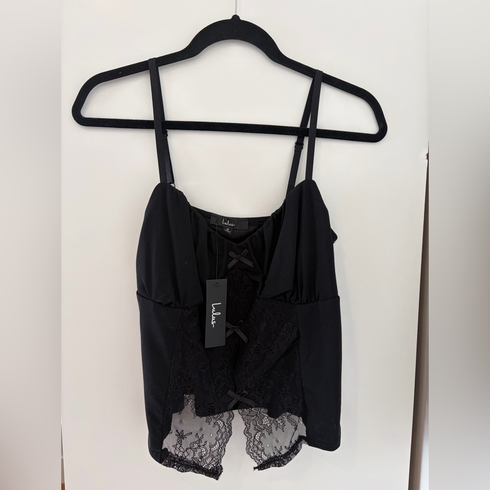 Lulus Sultry Pick Mesh Sheer Lace Bow Cami Top - Picture 5 of 9
